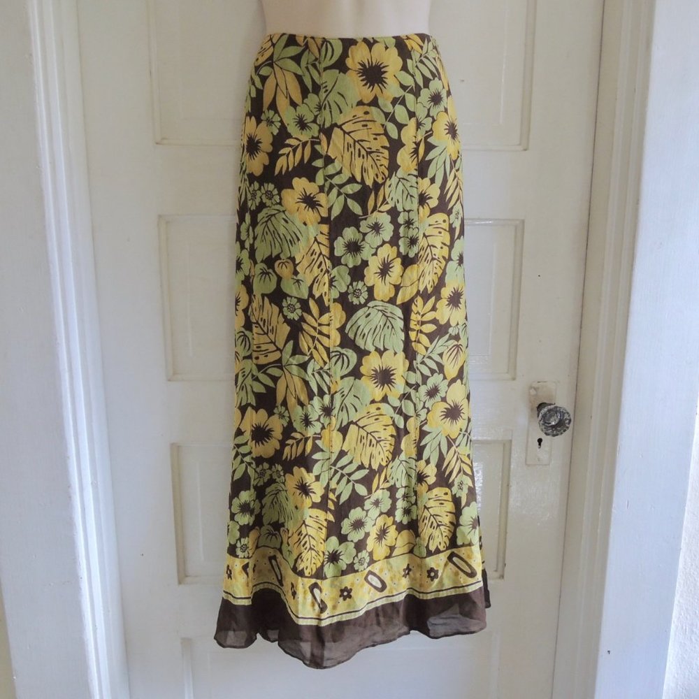 Jones New York Brown & Gold 100% Silk Floral Maxi Skirt 12